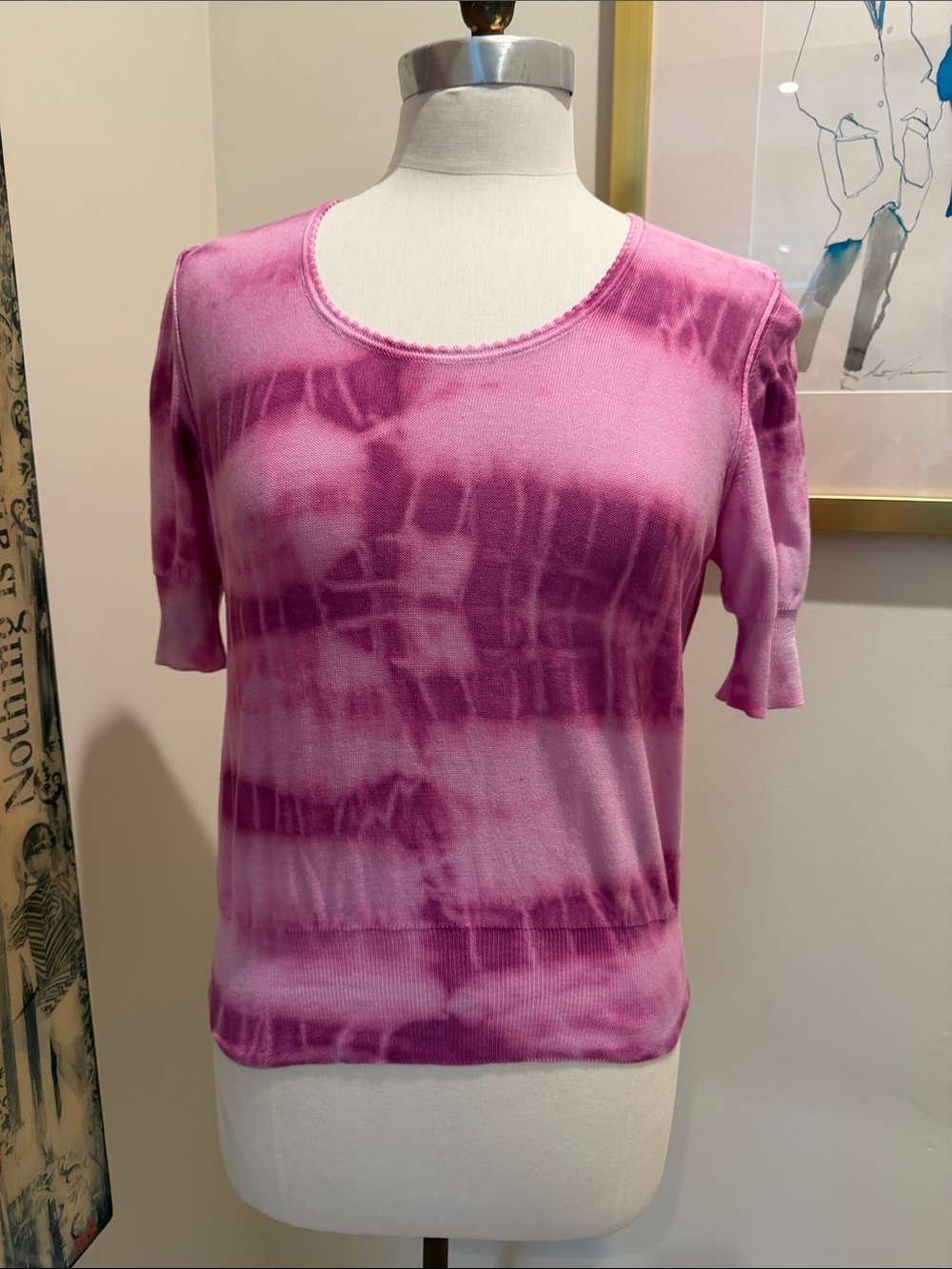Sonia Rykiel Paris Vintage Pink Tie-Dye Scoop Neck Short Sleeve Sweater
